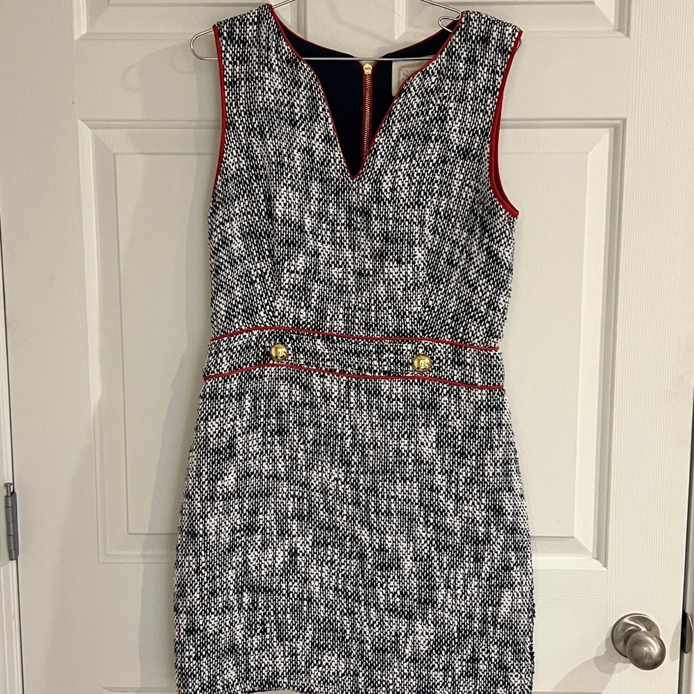 Chic Tweed Mini Dress with Red Trim